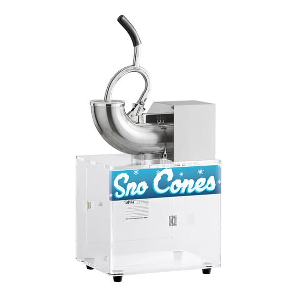 A commercial sno cone ice machine with a clear base and a metal ice shaving mechanism labeled 'Sno Cones' on the front.