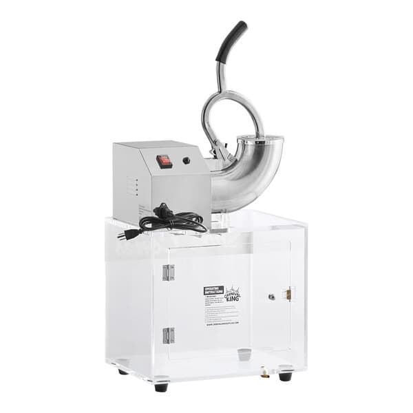 A commercial Carnival King SCM250 sno cone ice machine with a stainless steel ice shaver and a clear acrylic cabinet.