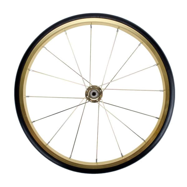 A close up of a Carnival King 16" replacement wheel with a black rim and spokes.