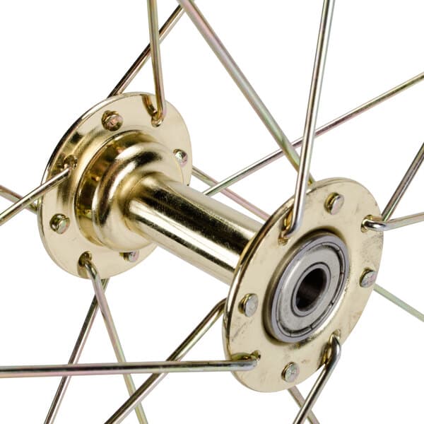 A close up of a Carnival King 16" wheel with brass spokes.