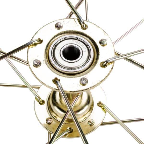 A close-up of a metal wheel with a metal hub.
