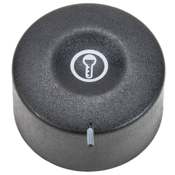 A black round temperature control knob with a white circle on it.