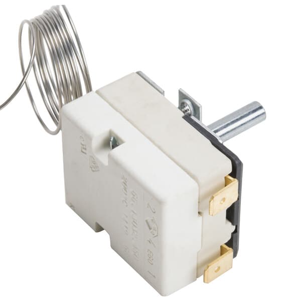 A white thermostat with metal wires.