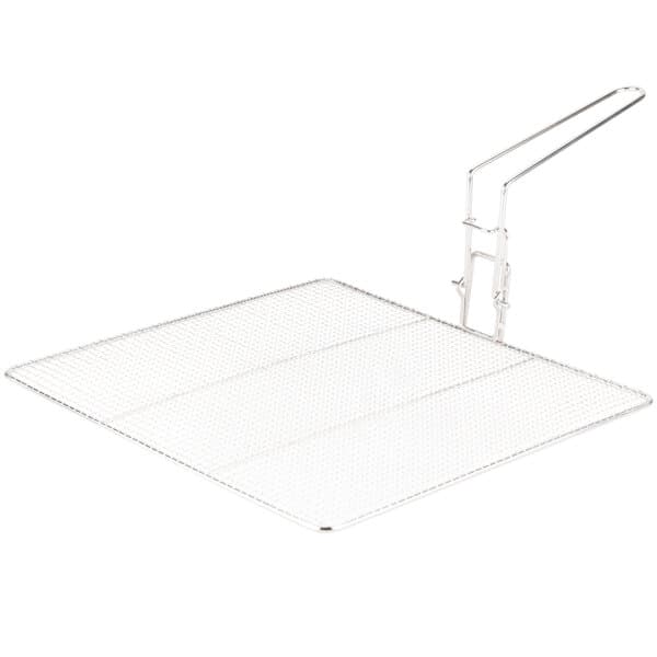 A wire mesh tray with a metal handle.