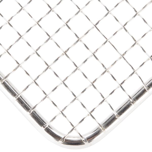 A stainless steel mesh tray with metal netting.