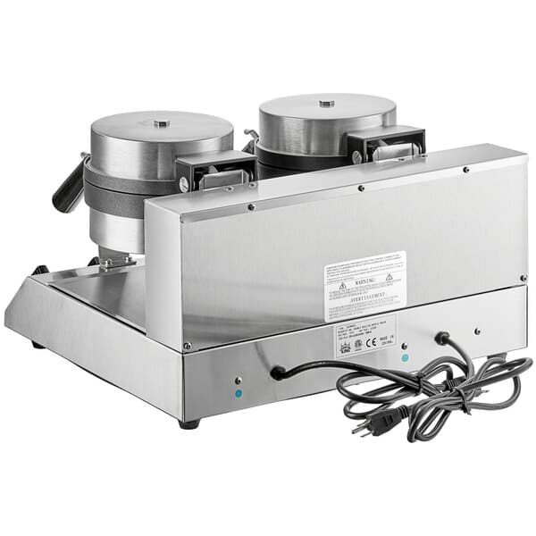 A stainless steel Carnival King double Belgian waffle maker with a white label on the lid.