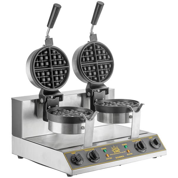 A Carnival King double Belgian waffle maker on a counter.