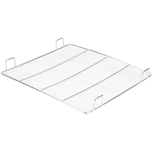 A metal tray with wire mesh on the bottom and metal handles.