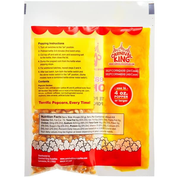 A white and red bag of Carnival King All-In-One Popcorn Kit with text.