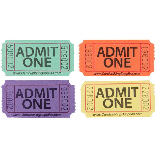 A group of Carnival King "Admit One" tickets in green, orange, purple, and yellow.