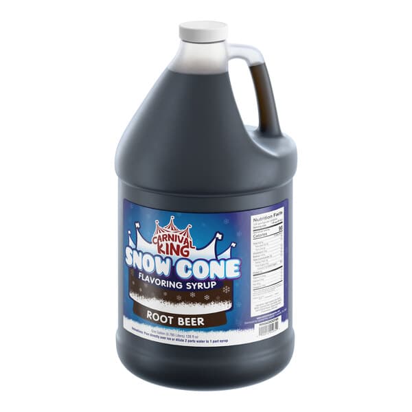A one-gallon jug of Carnival King root beer snow cone flavoring syrup.