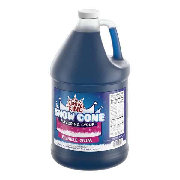 A one-gallon jug of Carnival King bubble gum snow cone flavoring syrup.