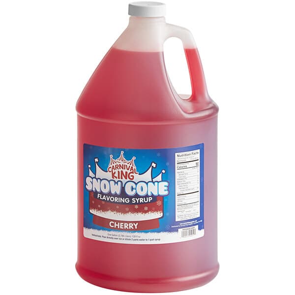 A Carnival King 1 gallon plastic jug of cherry snow cone syrup with a label.