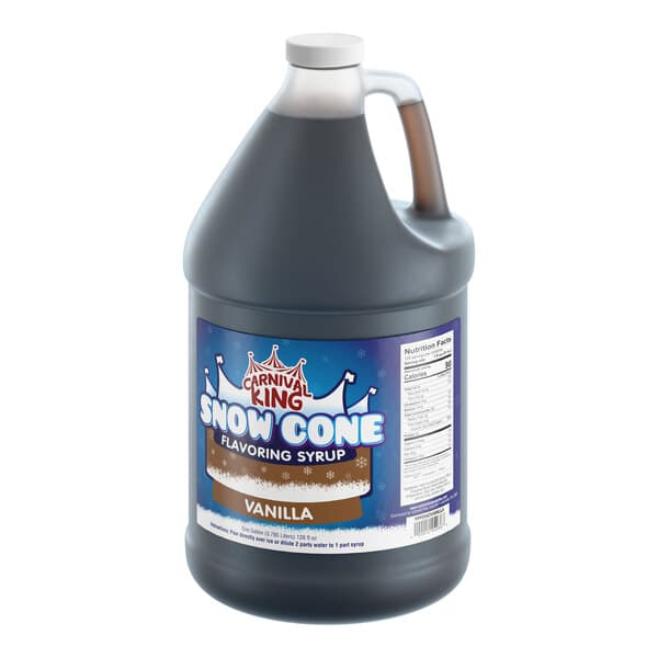 A one-gallon jug of Carnival King vanilla snow cone flavoring syrup.