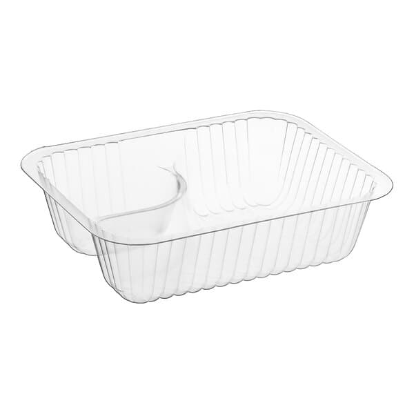 A clear plastic Carnival King nacho tray with 2 compartments.