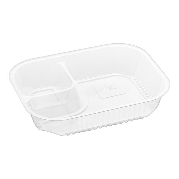 A white plastic Carnival King nacho tray with two compartments.