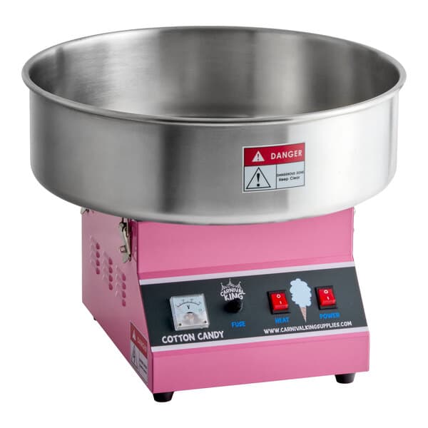 A pink cotton candy machine with a 21-inch stainless steel bowl and control switches on the front.