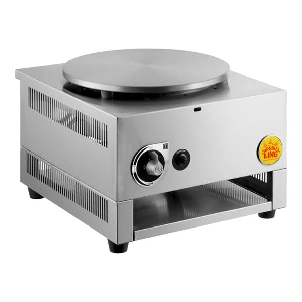 A stainless steel 16-inch liquid propane crepe maker with a control knob and Carnival King branding.