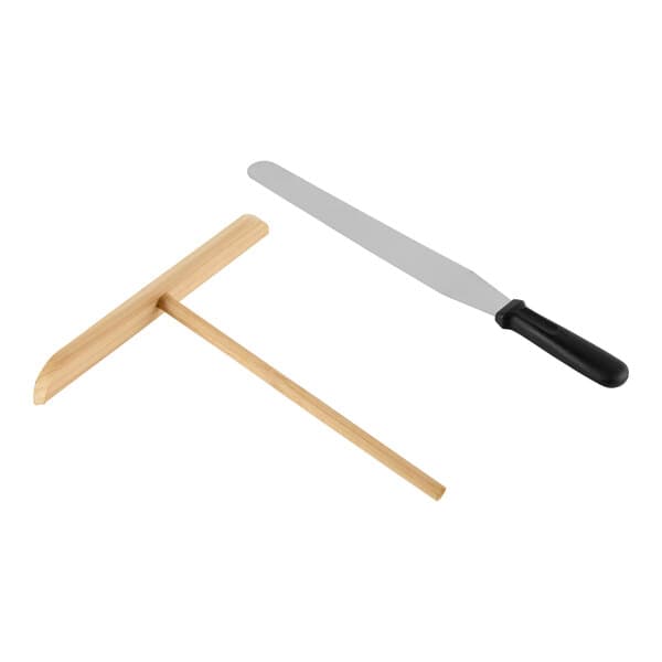 A crepe making tool set consisting of a wooden batter spreader and a metal spatula with a black handle.