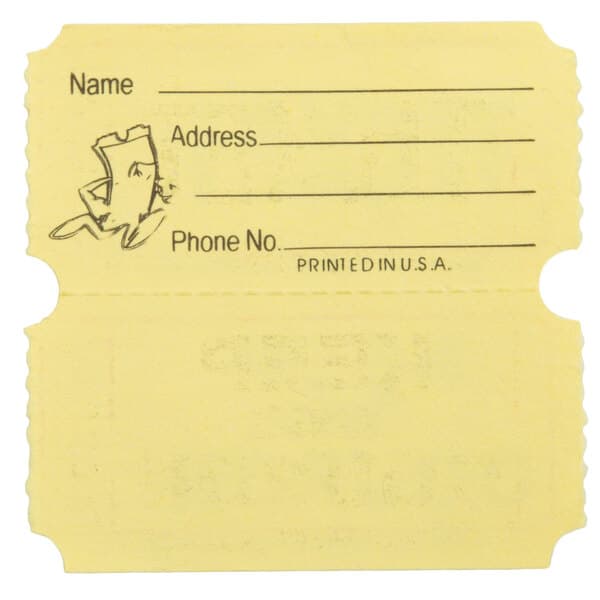 A roll of yellow Carnival King customizable raffle tickets.