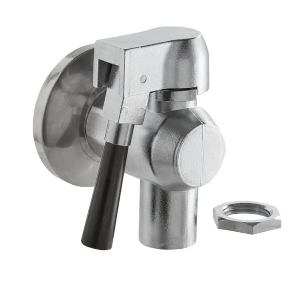 A stainless steel Carnival King faucet drain assembly with a metal tap and black handle.