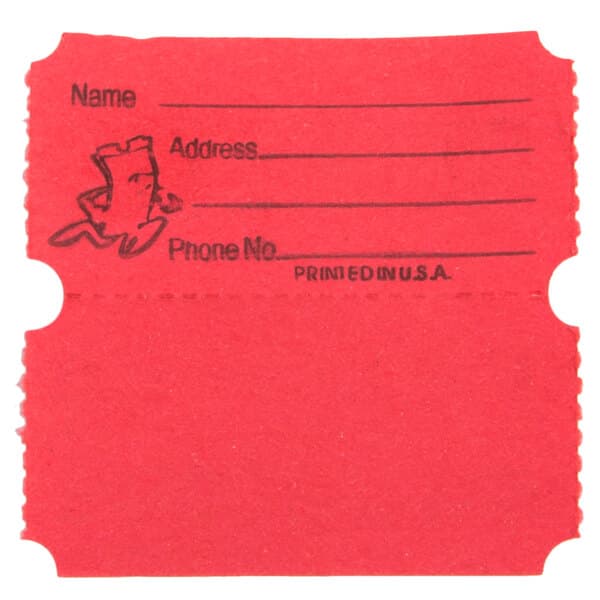 A red Carnival King raffle ticket with black lines and writing.