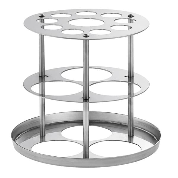 A stainless steel triple bottle holder with holes.