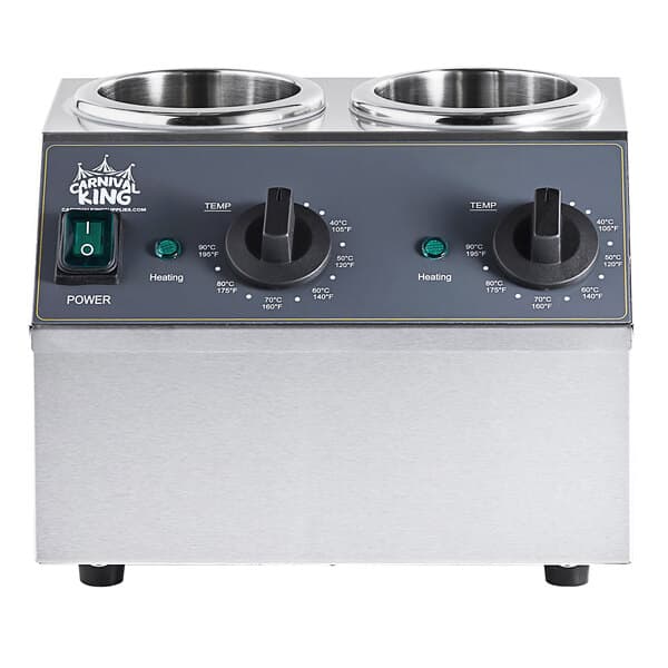 A stainless steel Carnival King double sauce topping warmer on a counter.