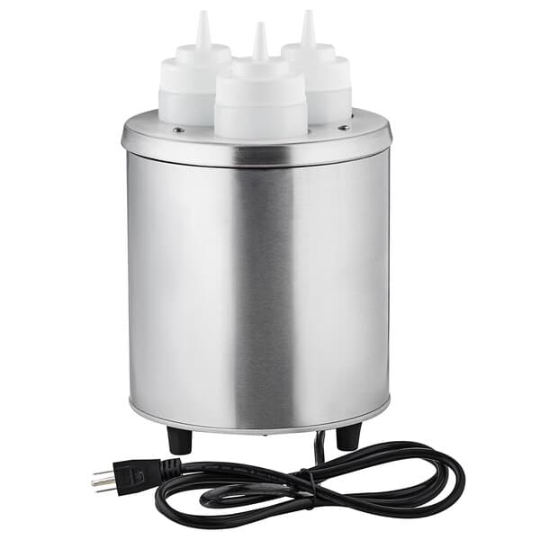 A stainless steel Carnival King triple bottle warmer with white squeeze bottles.
