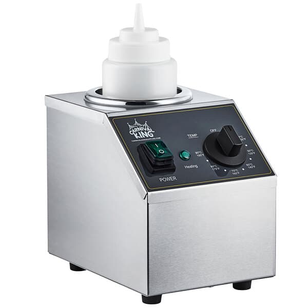 A silver Carnival King sauce and topping bottle warmer with a green and black switch on a counter.