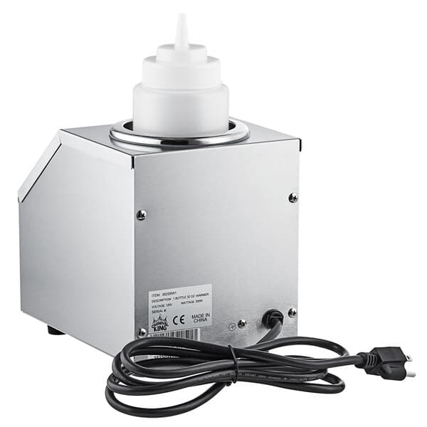 A Carnival King sauce bottle warmer with a white cap on a cord.