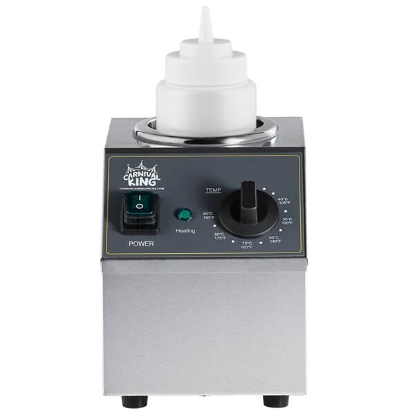 A Carnival King Sauce Bottle Warmer machine on a counter with white squeeze bottle caps.