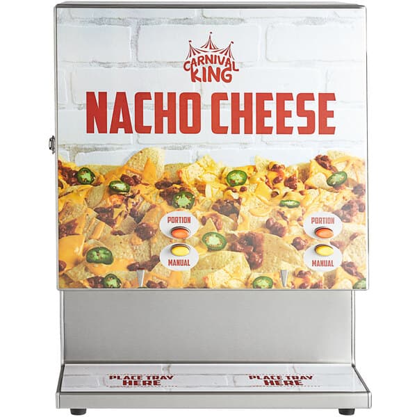 A Carnival King dual peristaltic cheese sauce and chili dispenser on a counter with a sign that says "Nacho Cheese" and a picture of nachos.