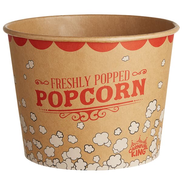 A brown and red Carnival King popcorn bucket with white clouds and the words "Freshly Popped Popcorn" on it.
