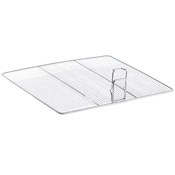 A stainless steel wire mesh tray with a clip handle.