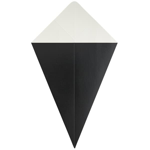 A black cardboard triangle with white text.