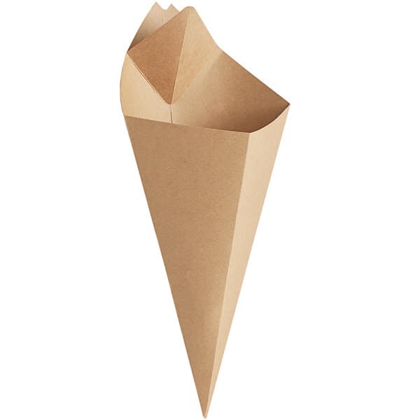 A brown paper cone with a hole in it.