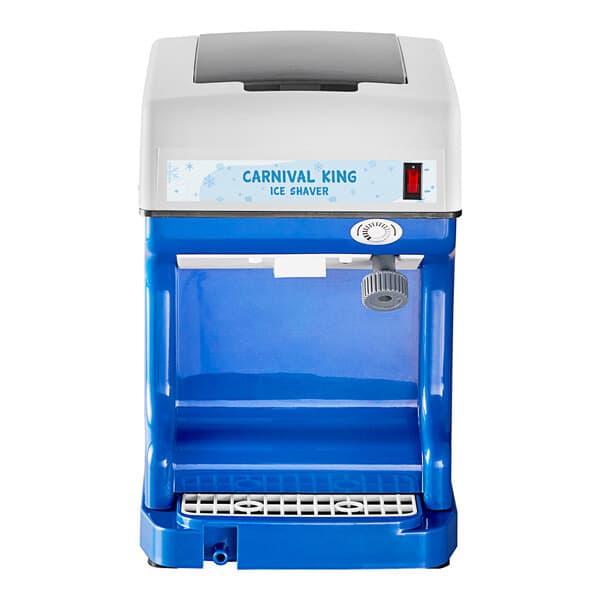 A blue and white Carnival King ice shaver with a lid.