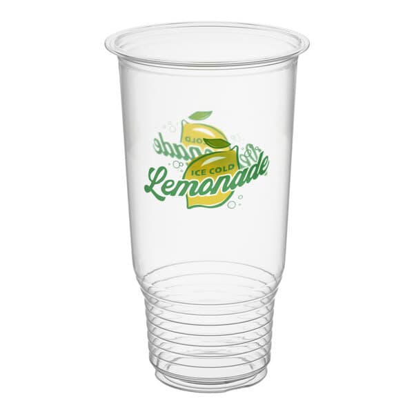A clear 32 oz. plastic cup with a printed lemon and 'Ice Cold Lemonade' design on the front.