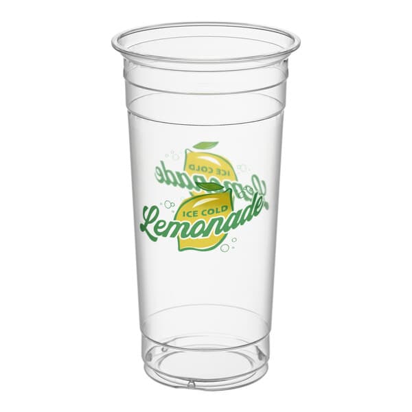 A clear plastic cup with a lemon and 'Ice Cold Lemonade' design printed on the side.