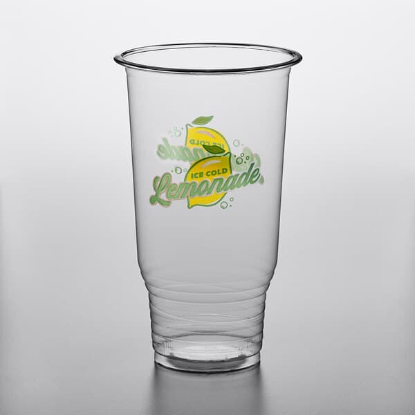 a clear glass with a logo on it