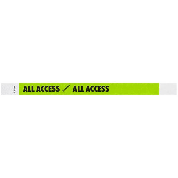A white wristband with green and black text that says "ALL ACCESS"