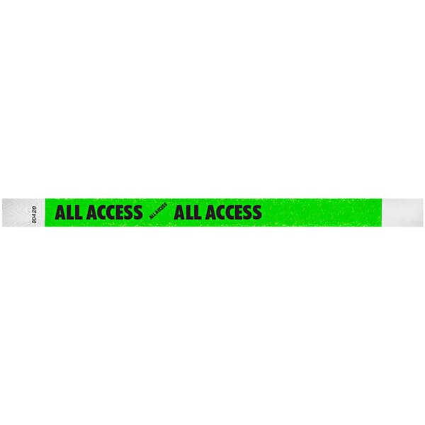 A neon green wristband with black text that says "ALL ACCESS"
