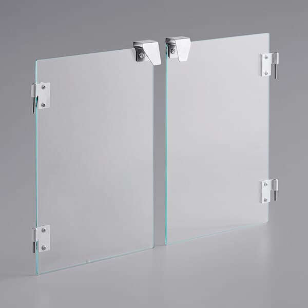 A white rectangular door set with two clear glass panels and black metal handles.