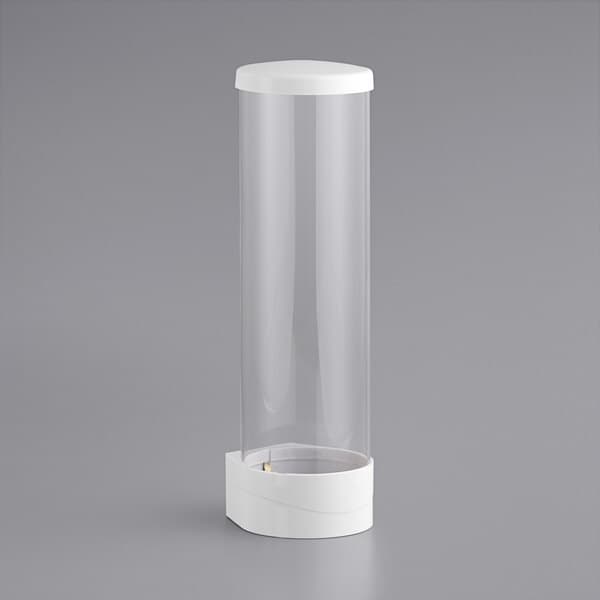 A white cylindrical object with a white cap containing a clear plastic container with a white lid.