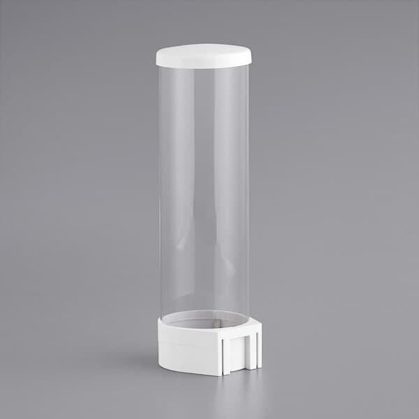A clear plastic cylinder with a white base and lid.
