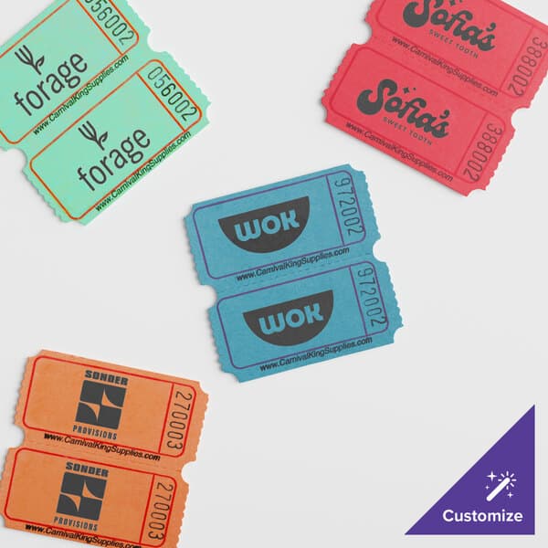 A roll of Carnival King orange customizable raffle tickets.