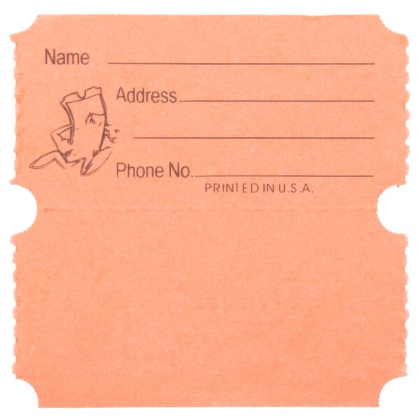 An orange Carnival King raffle ticket with numbers and an address on it.