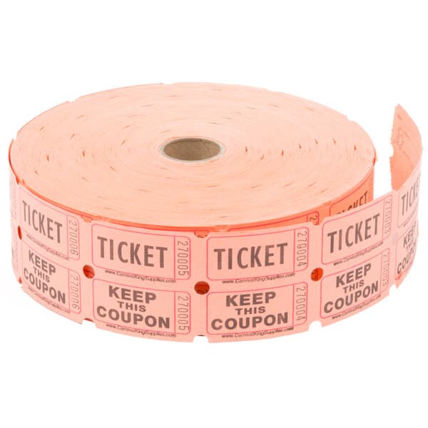 A roll of orange and white Carnival King customizable raffle tickets.