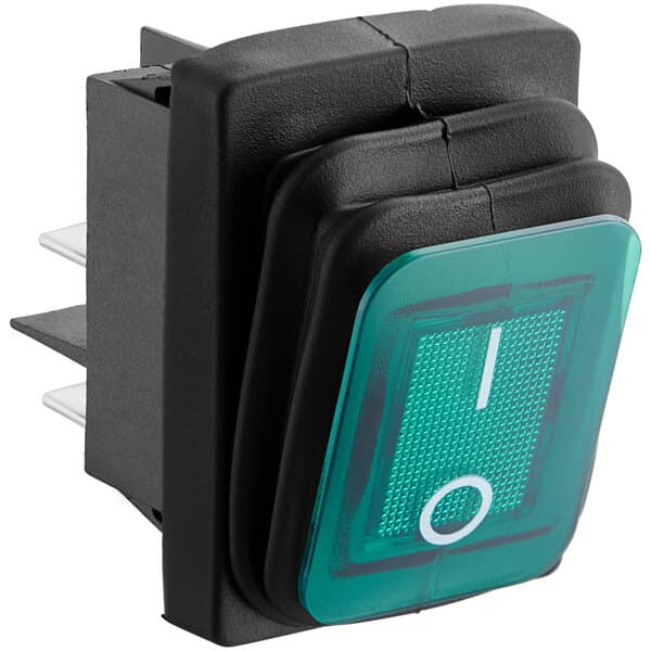 A close up of a green and black Carnival King rocker switch.